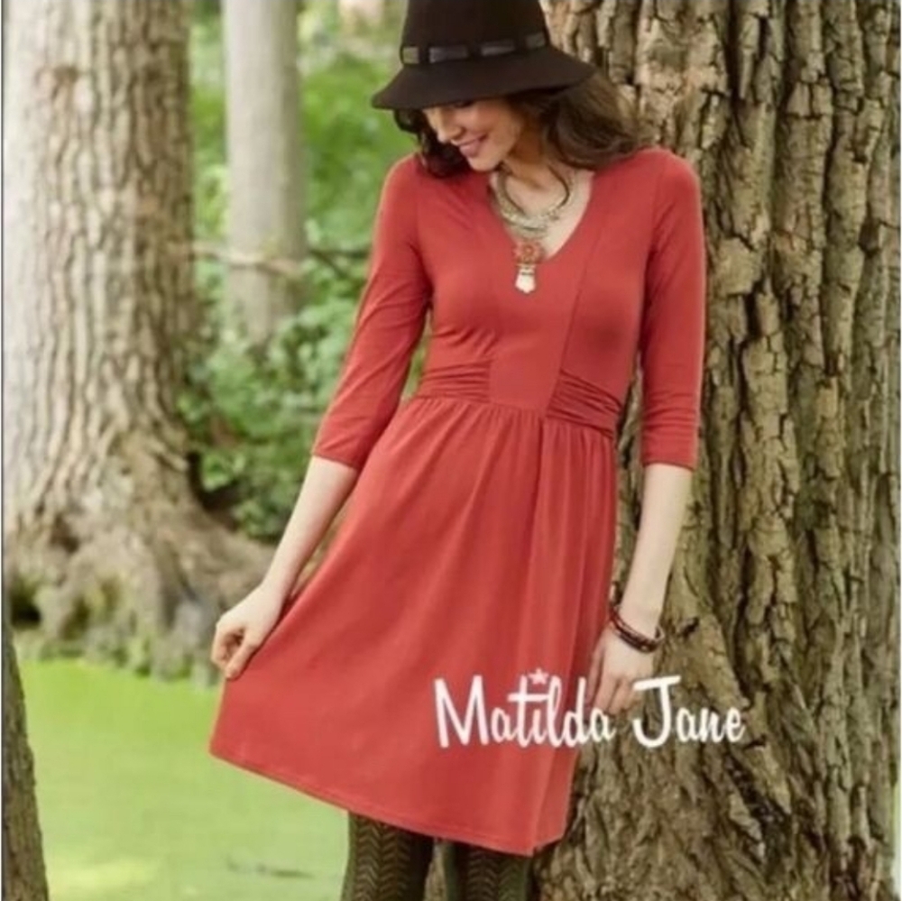 Matilda Jane Changing Leaves Orange Tie Dress Women Large Button Sleeve Stretchy